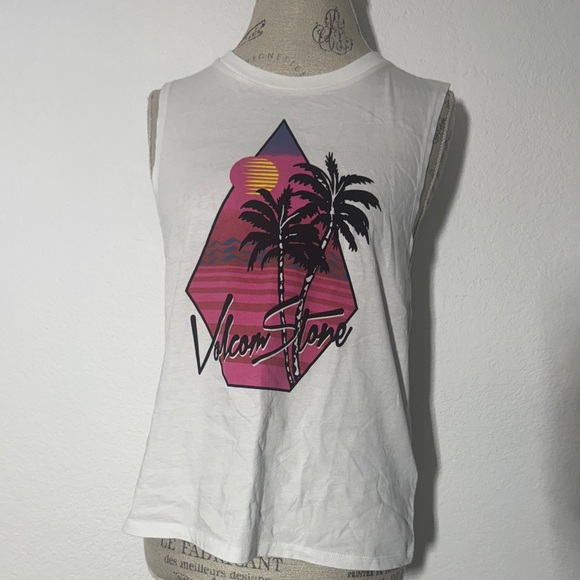 Volcom White Muscle Tee with Pink Graphic - Picture 1 of 6